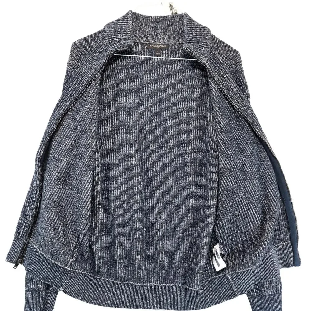 Banana‎ Republic Full Zip Knit Navy Sweater Men's L Mock Neck Herringbone Casual
